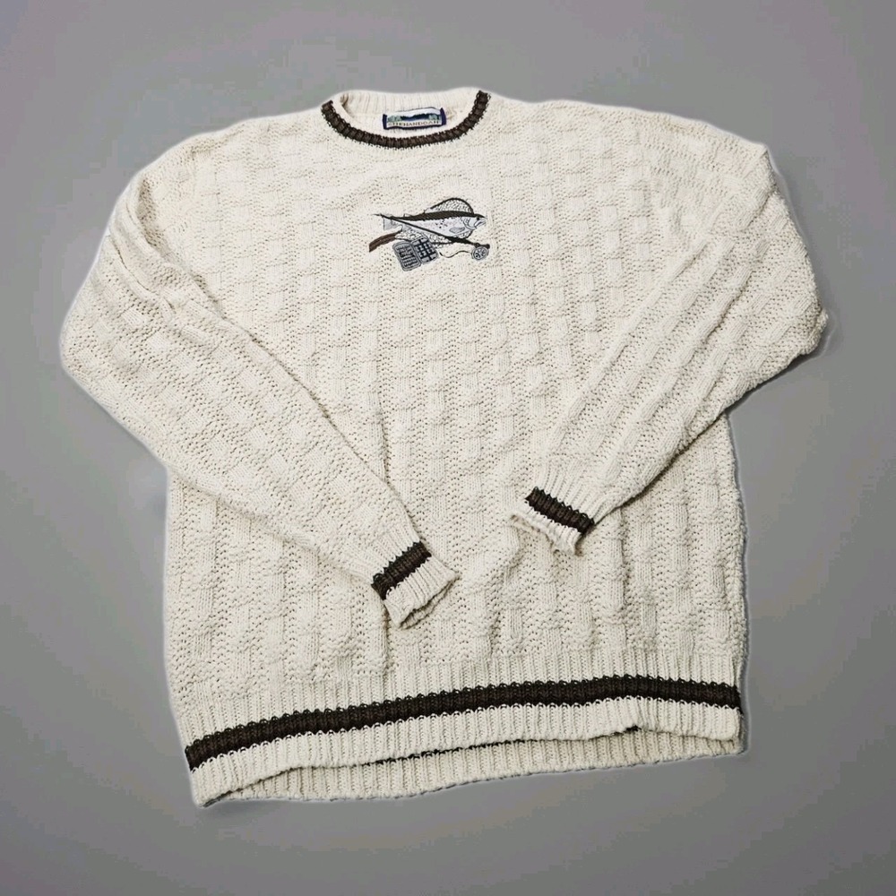 Vintage Men's Shenandoah Ivory Fish Fishing Sweater Pullover LT Grandpa USA Made